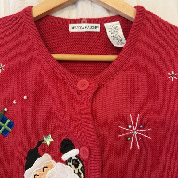 Ugly Holiday Sweater Vest Women L Animal Print Santa Y2K 90s Cheetah Zebra Red - Picture 2 of 9